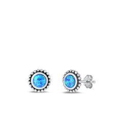 Sterling Silver Oxidized Round Blue Lab Opal Earrings