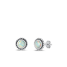 Load image into Gallery viewer, Sterling Silver Oxidized And Polished Round White Lab Opal Earrings