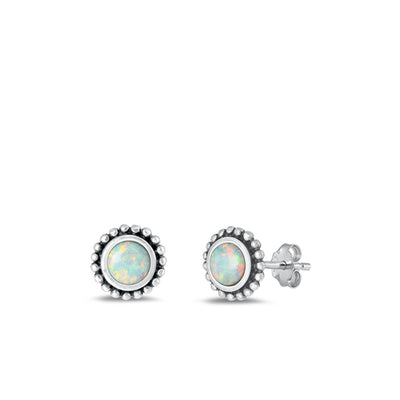 Sterling Silver Oxidized And Polished Round White Lab Opal Earrings