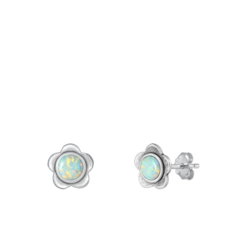 Sterling Silver Oxidized White Lab Opal Flower Earring