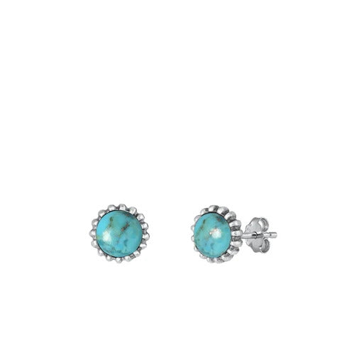 Sterling Silver Oxidized Genuine Turquoise Stone Round Earrings