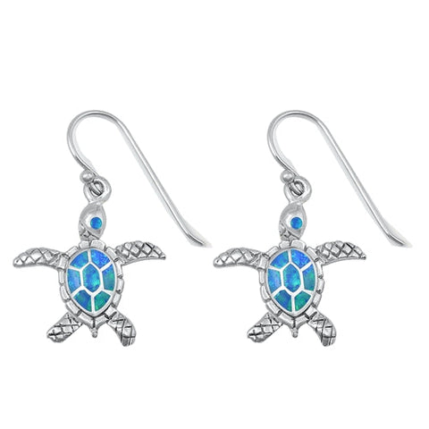 Sterling Silver Rhodium Plated Blue Lab Opal Turtle Earring-17.5mm