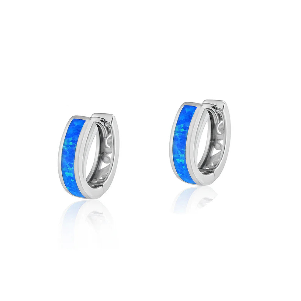 Sterling Silver Rhodium Plated Blue Lab Opal Hoop Earrings