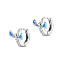 Load image into Gallery viewer, Sterling Silver Oxidized Dragonfly Blue Lab Opal Hoop Earrings
