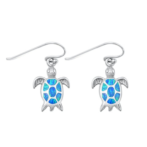 Sterling Silver Rhodium Plated Blue Lab Opal Turtle Earring-15.5mm