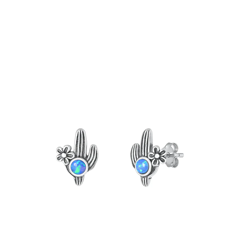 Sterling Silver Oxidized Cactus Blue Lab Opal Earrings