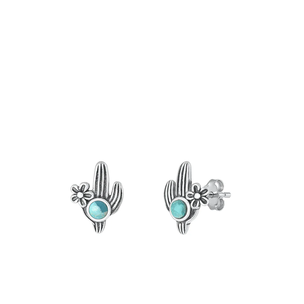 Sterling Silver Oxidized Cactus Genuine Turquoise Stone Earrings