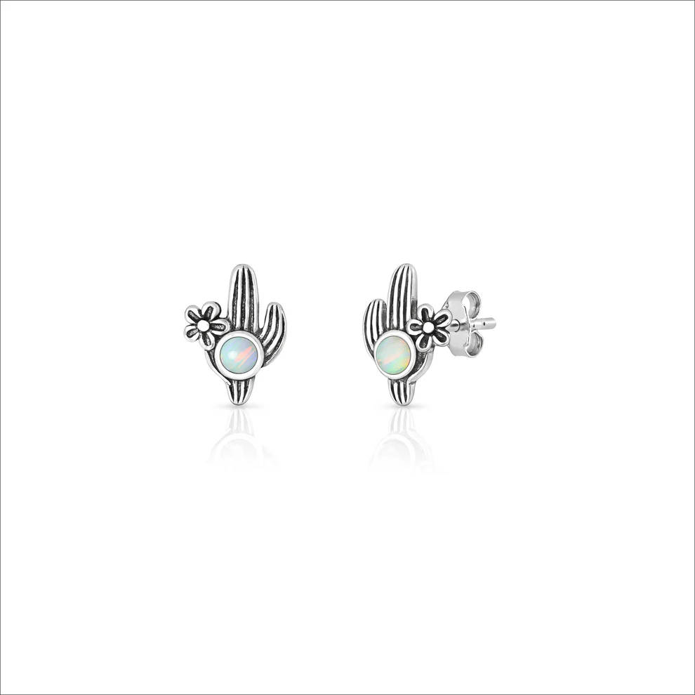 Sterling Silver Oxidized And Polished Cactus White Lab Opal Earrings