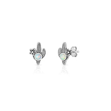 Load image into Gallery viewer, Sterling Silver Oxidized And Polished White Lab Opal Cactus Earrings