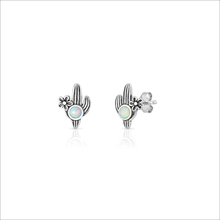 Load image into Gallery viewer, Sterling Silver Oxidized And Polished Cactus White Lab Opal Earrings