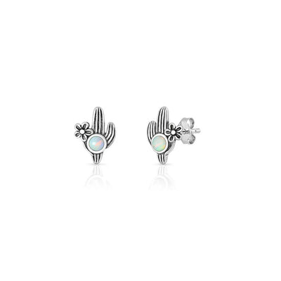 Sterling Silver Oxidized And Polished White Lab Opal Cactus Earrings