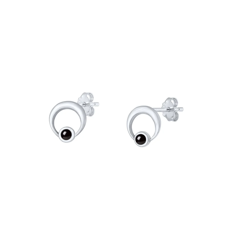 Sterling Silver Oxidized Round Black Agate Stone Earrings