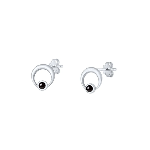 Sterling Silver Oxidized Round Black Agate Stone Earrings