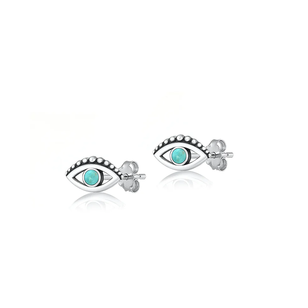 Sterling Silver Oxidized Evil Eye Genuine Turquoise Stone Earring