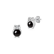 Load image into Gallery viewer, Sterling Silver Oxidize Owl Black Agate Stone Earrings