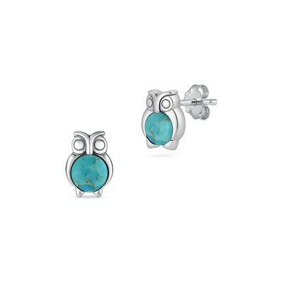 Sterling Silver Oxidize Owl Genuine Turquoise Stone Earrings