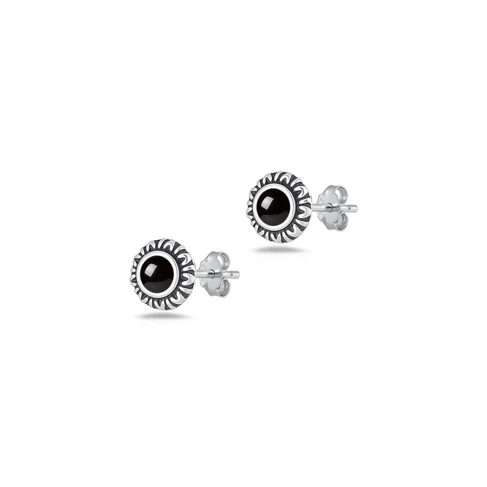 Sterling Silver Oxidized And Polished Black Onyx Sunburst Earrings