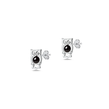 Load image into Gallery viewer, Sterling Silver Oxidized And Polished Owl Black Onyx Stone Earrings