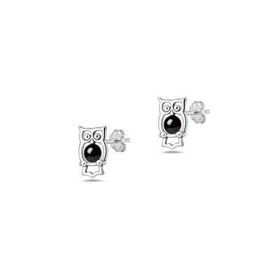 Sterling Silver Oxidized And Polished Owl Black Onyx Stone Earrings