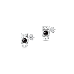 Sterling Silver Oxidized And Polished Owl Black Onyx Stone Earrings