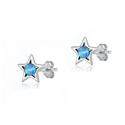 Sterling Silver Oxidized And Polished Star Blue Lab Opal Earrings