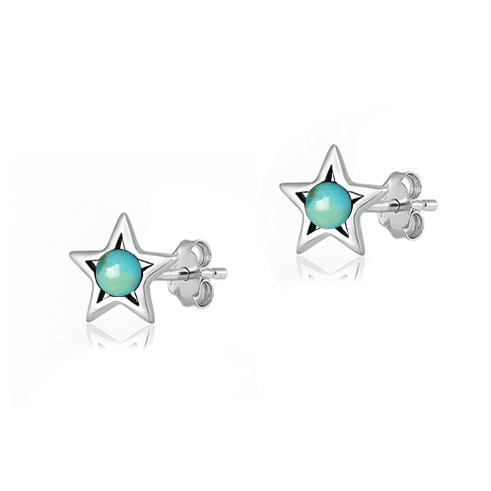 Sterling Silver Oxidized And Polished Star Genuine Turquoise Stone Earrings
