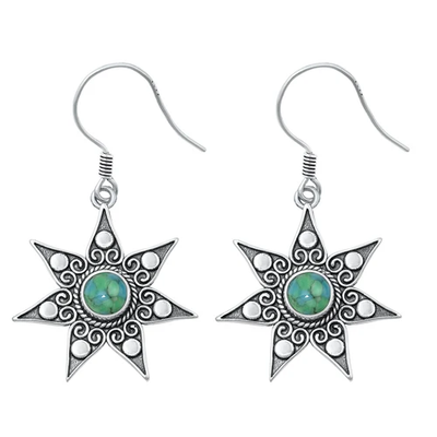 Sterling Silver Oxidized Star Genuine Turquoise Stone Earrings