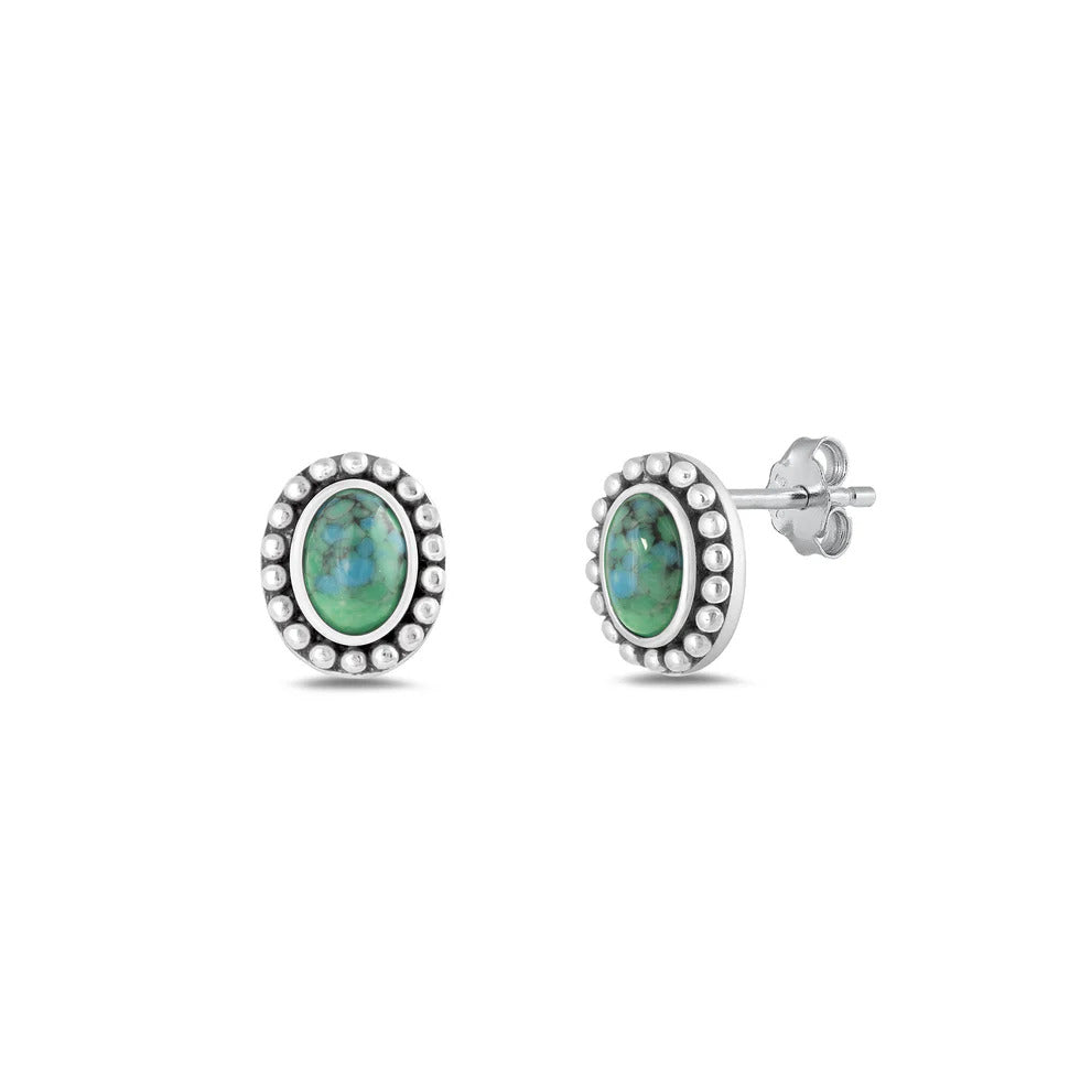 Sterling Silver Oxidized Oval Genuine Turquoise Stone Earrings