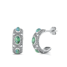 Load image into Gallery viewer, Sterling Silver Oxidized Half Hoop Genuine Turquoise Stone Earrings