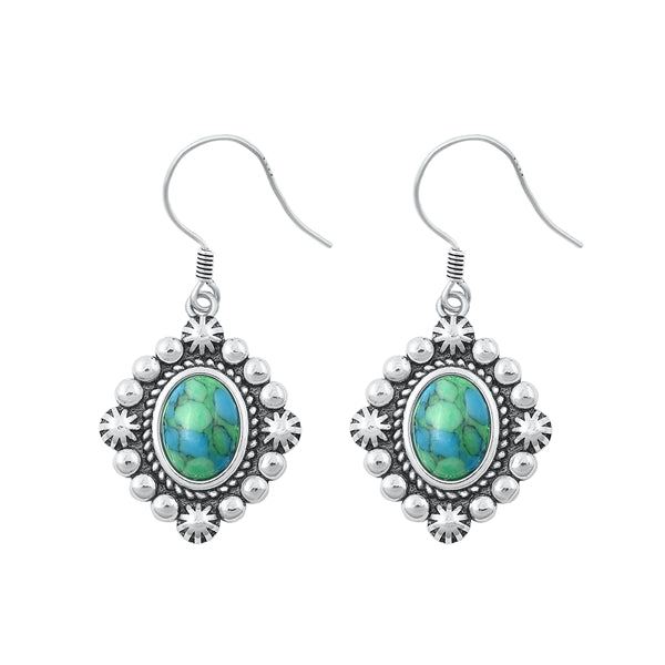 Sterling Silver Oxidized And Polished Genuine Turquoise Stone Earrings