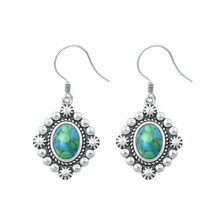 Load image into Gallery viewer, Sterling Silver Oxidized Flower Genuine Turquoise Stone Earrings