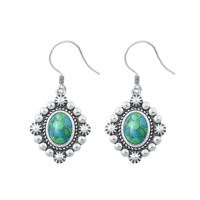 Sterling Silver Oxidized Flower Genuine Turquoise Stone Earrings