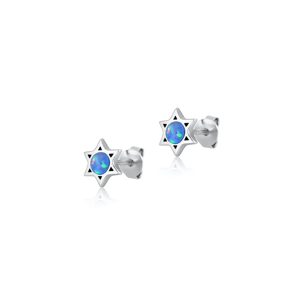 Sterling Silver Oxidized And Polished Star Of David Blue Lab Opal Earrings