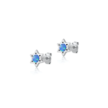 Load image into Gallery viewer, Sterling Silver Oxidized And Polished Star Of David Blue Lab Opal Earrings