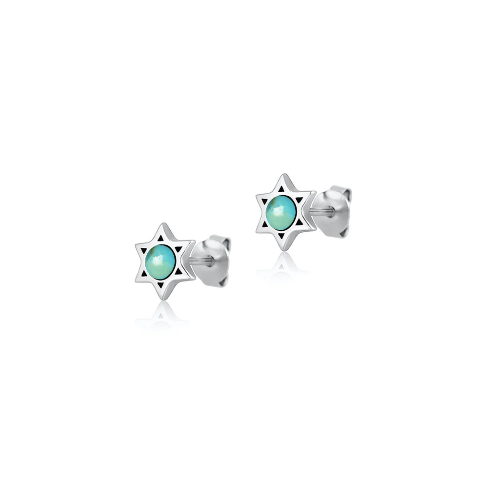 Sterling Silver Oxidized And Polished Star Of David Genuine Turquoise Stone Earrings