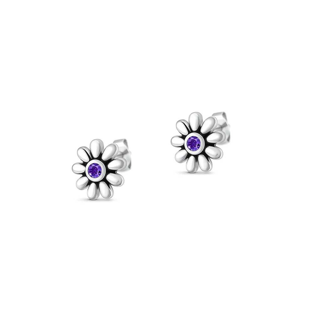 Sterling Silver Oxidized And Polished Daisy Amethyst CZ Earrings