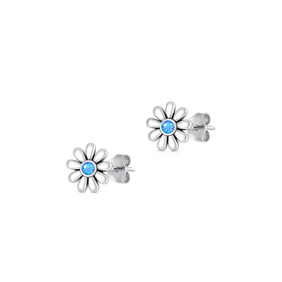 Sterling Silver Oxidized And Polished Flower Blue Lab Opal Earrings