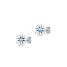 Load image into Gallery viewer, Sterling Silver Oxidized And Polished Flower Blue Lab Opal Earrings