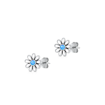Sterling Silver Oxidized And Polished Flower Blue Lab Opal Earrings