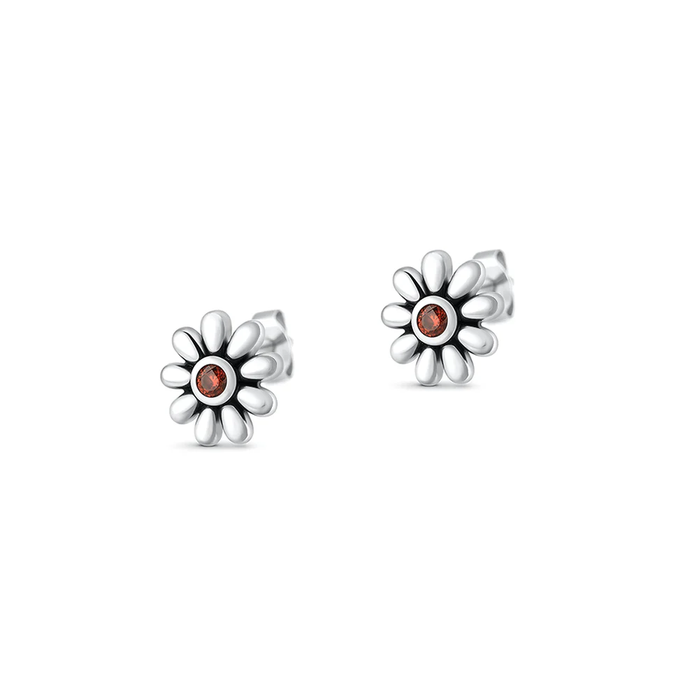 Sterling Silver Oxidized And Polished Daisy Garnet CZ Earrings