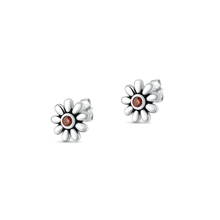 Load image into Gallery viewer, Sterling Silver Oxidized And Polished Daisy Garnet CZ Earrings