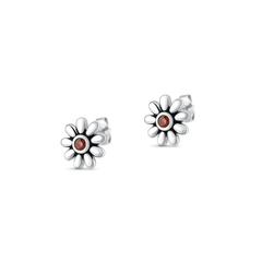 Sterling Silver Oxidized And Polished Daisy Garnet CZ Earrings