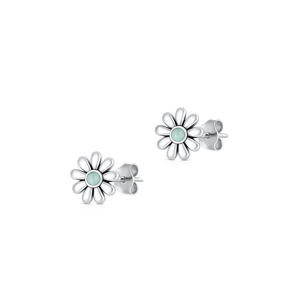 Sterling Silver Oxidized And Polished Flower Larimar Stone Earrings