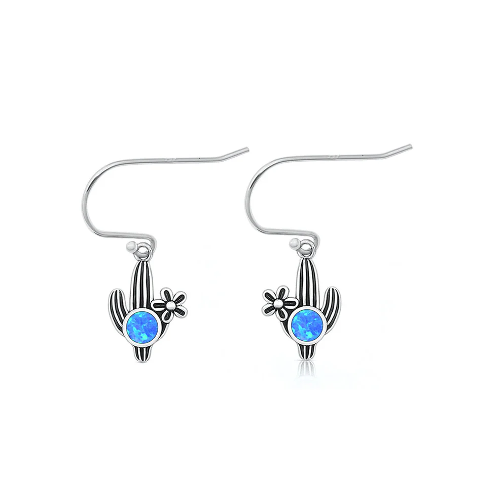 Sterling Silver Oxidized And Polished Cactus Blue Lab Opal Earrings