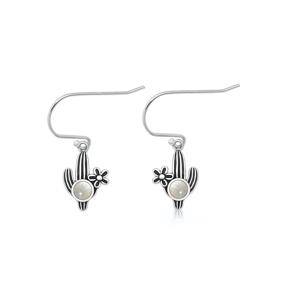 Sterling Silver Oxidized And Polished Cactus Moonstone Earrings