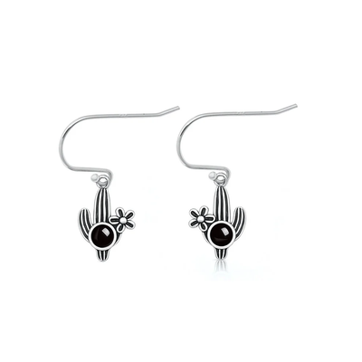 Sterling Silver Oxidized And Polished Cactus Black Onyx Stone Earrings
