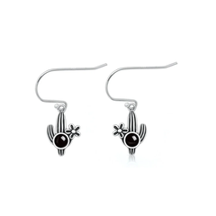 Sterling Silver Oxidized And Polished Cactus Black Onyx Stone Earrings