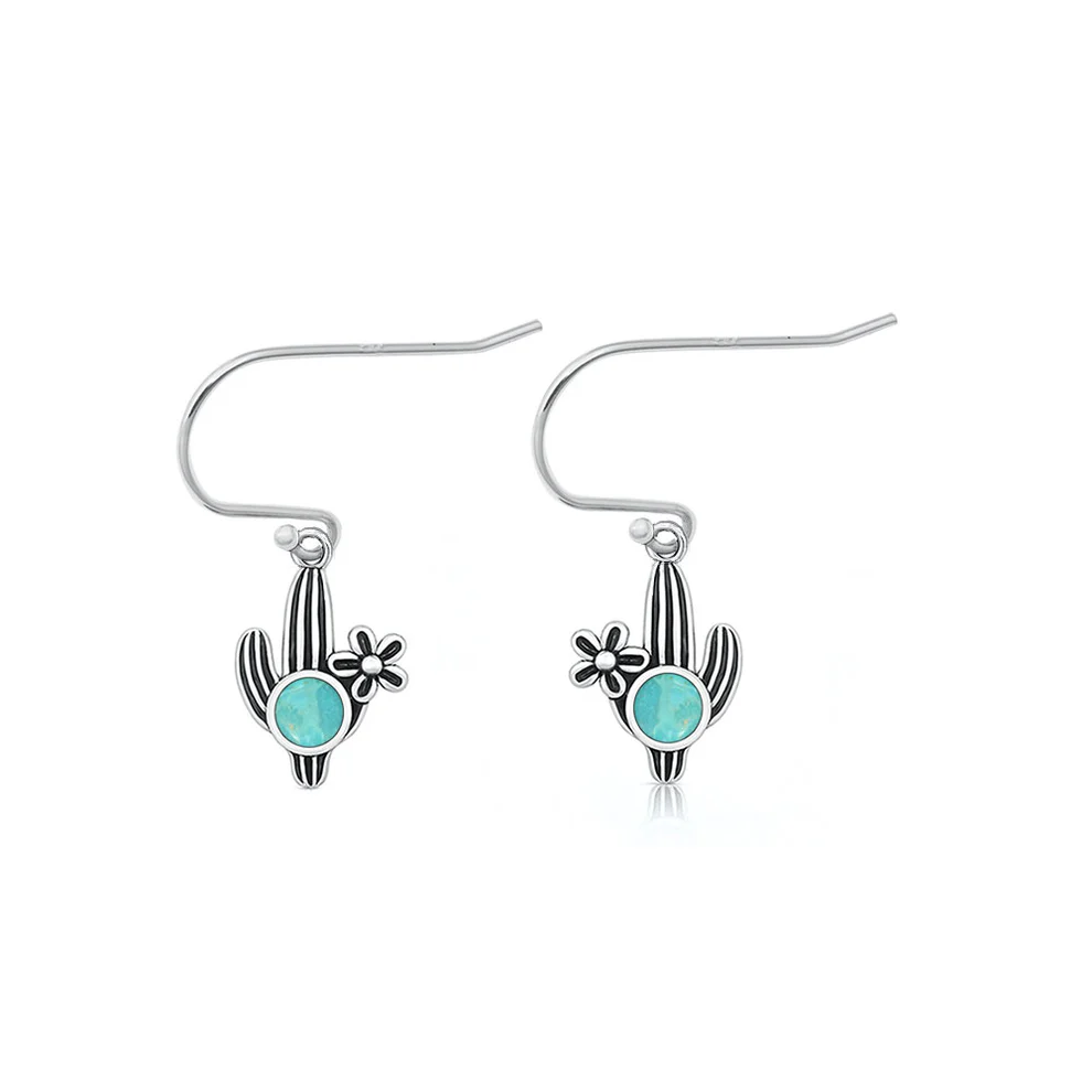 Sterling Silver Oxidized And Polished Cactus Turquoise Stone Earrings