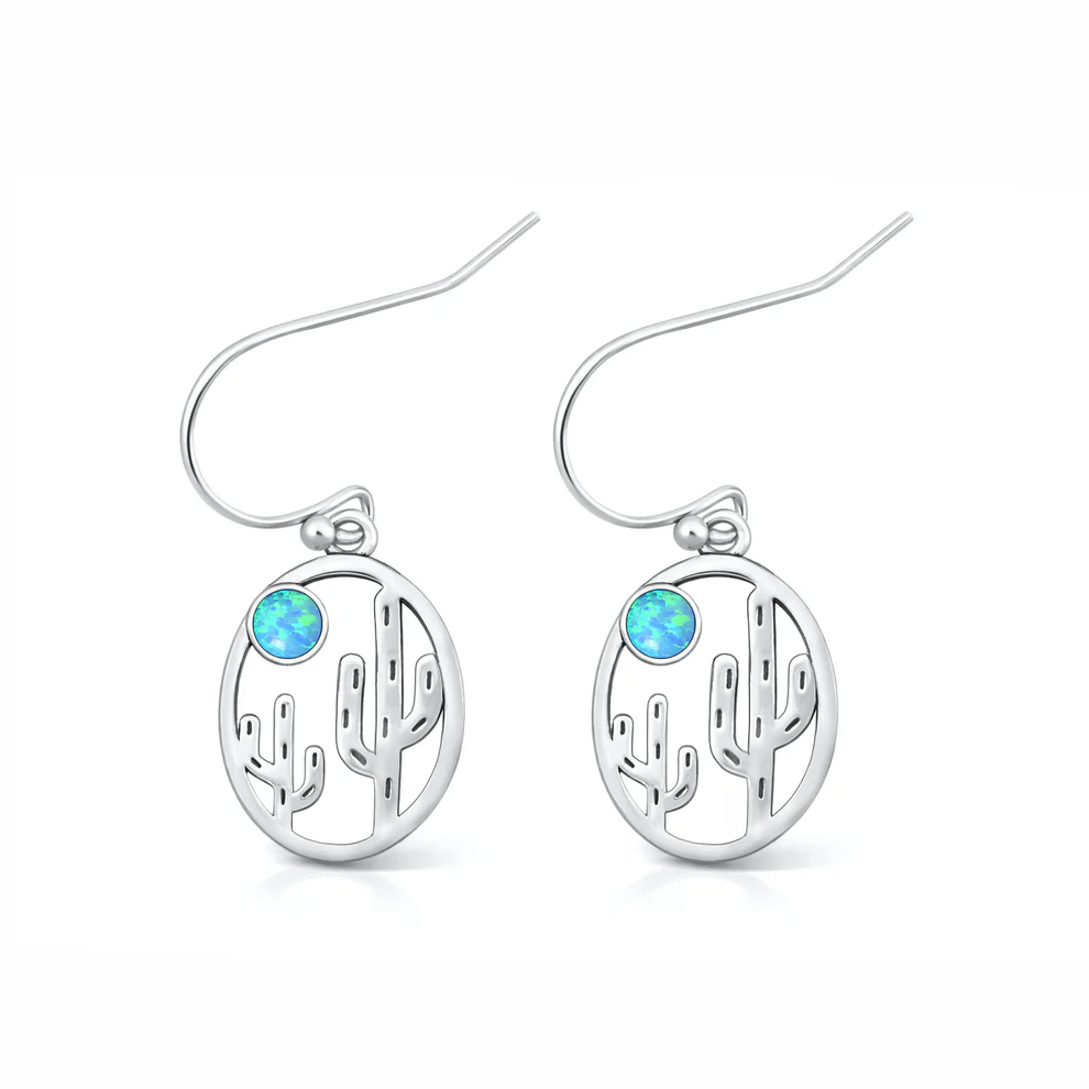 Sterling Silver Oxidized And Polished Cactus Blue Lab Opal Earrings