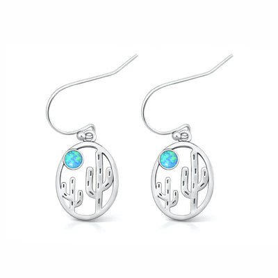 Sterling Silver Oxidized And Polished Blue Lab Opal Cactus Earrings